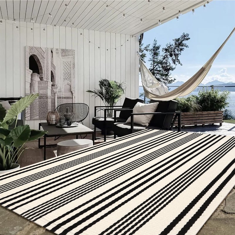 LEEVAN Black and White Indoor Outdoor Rug, 5’x8’ Cotton Striped Reversible Washable Modern Farmhouse Rug, Hand-Woven Large Patios Area Rug Carpet Mat for Clearance Bedroom Living Room Balcony Decor - Image 2